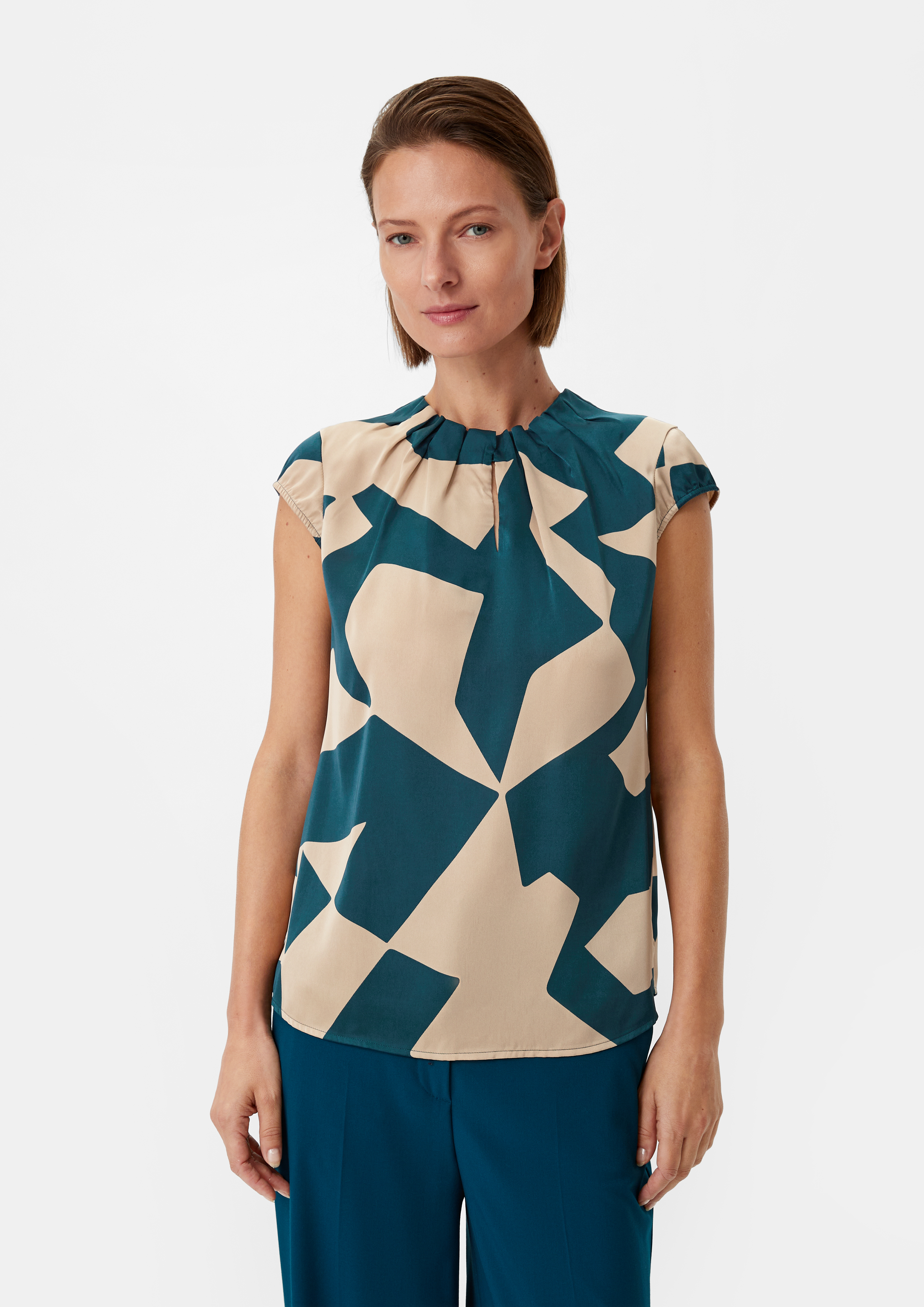 Satinbluse im All-over-Print - dunkles türkis