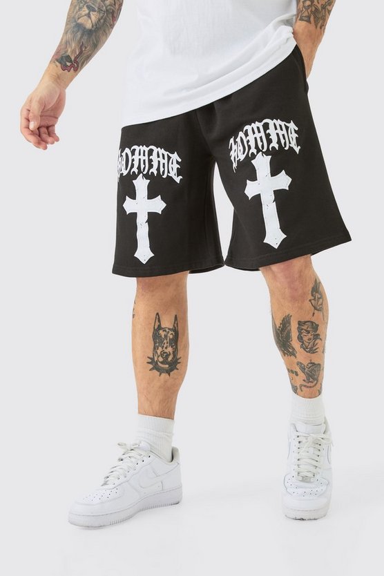 Oversize Shorts mit Homme Gothic Kreuz Print