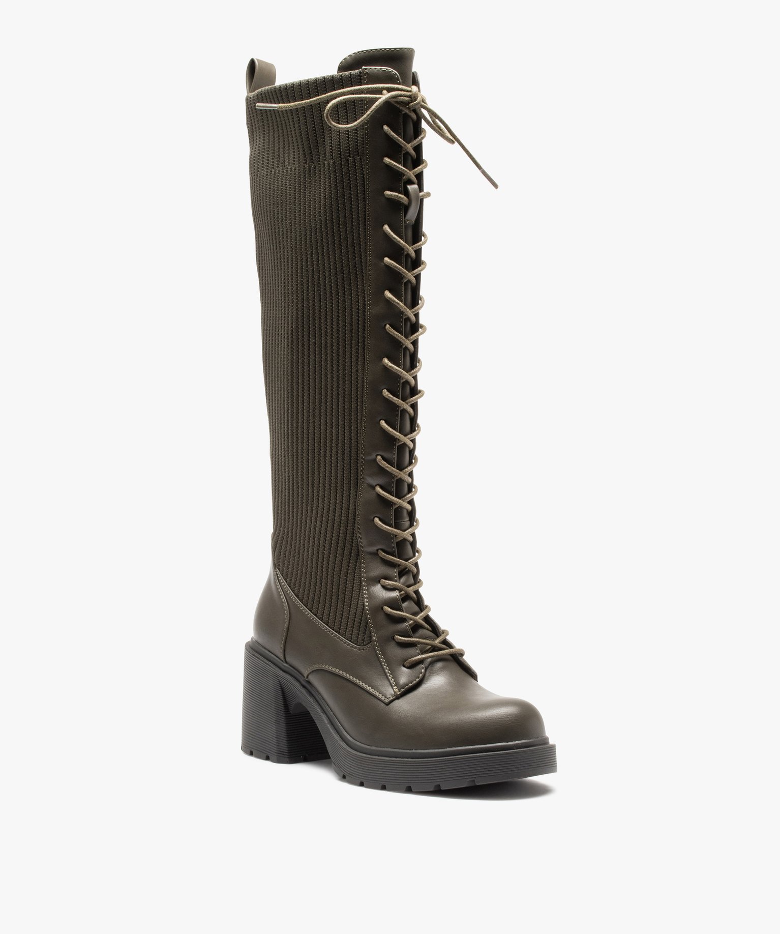 Bottes femme unies à lacets et tige en maille vert | GEMO