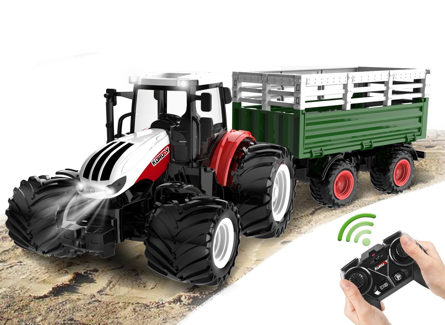 Esun RC-Traktor Ferngesteuerter Traktor mit Anhänger, Traktor Spielzeug ab 3 4 5 Jahre (Komplettset), Traktor Ferngesteuert Ackerschlepper mit Licht und Sound