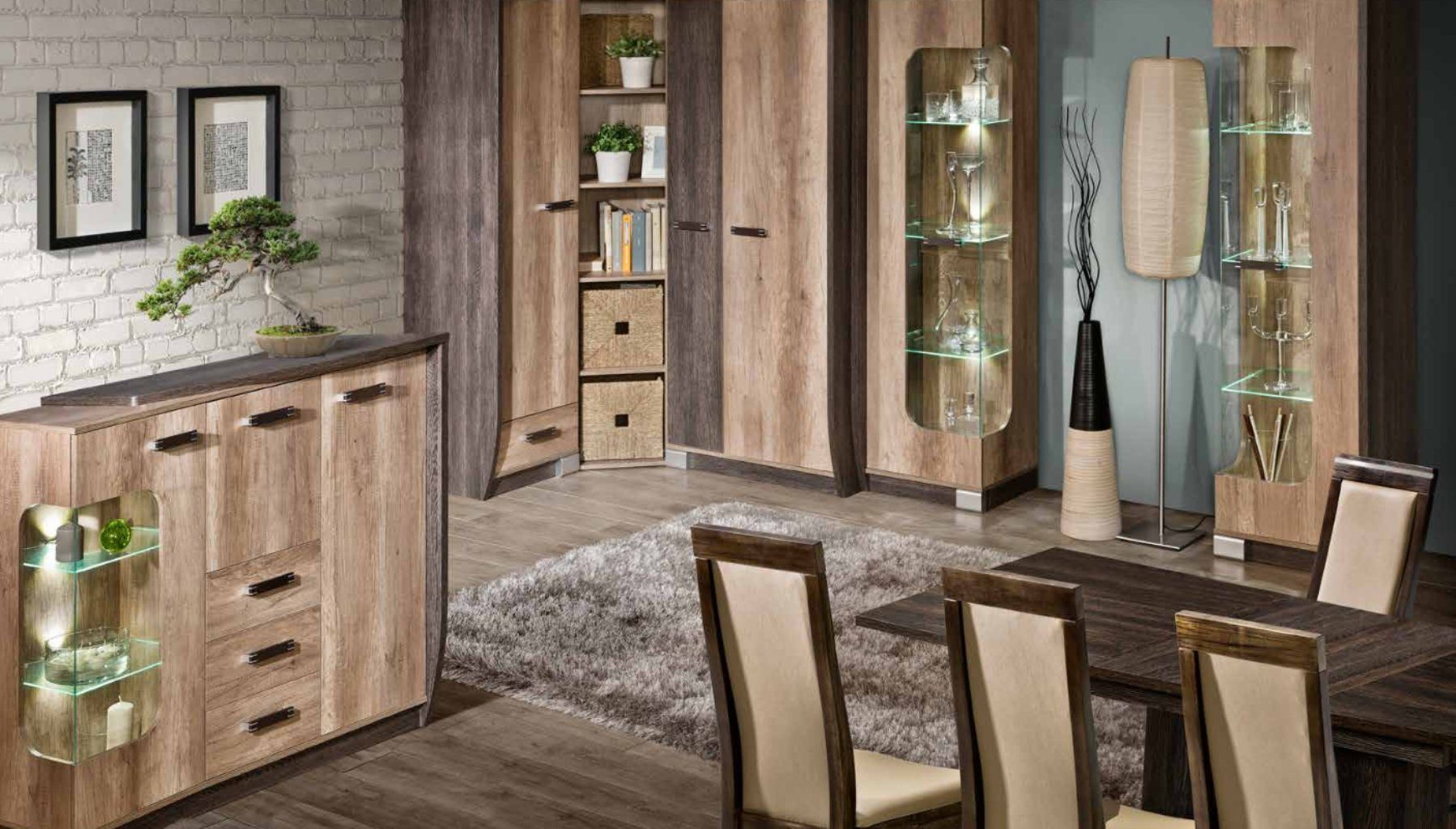 JVmoebel Wohnzimmer-Set, Wohnzimmer Set Kleiderschrank Kommode Vitrine Tisch Eckschrank Eck