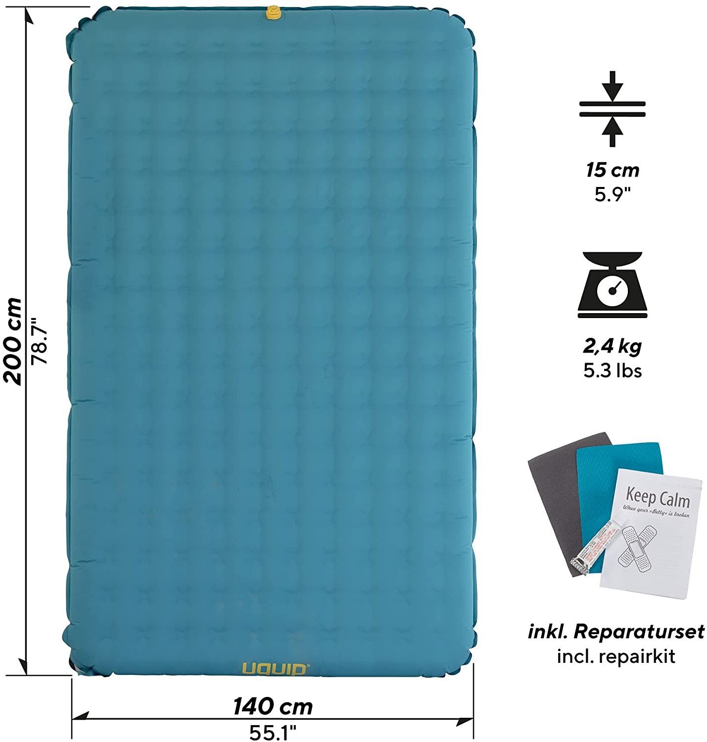 UQUIP Luftbett Betty Double 200 x 140 x 15cm - Komfort Doppel Matratze, (mit Transporttasche und Reparatur-Set), geeignet für Innen- und Außenbereich