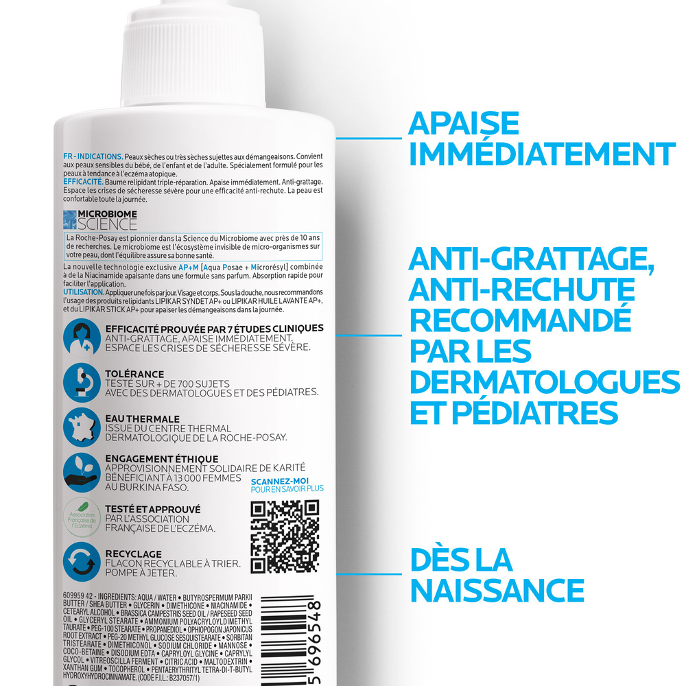 La Roche-Posay Lipikar Baume AP+M relipidant triple réparation 400ml Baume texture crème pour peaux sèches àtendance eczema atopique