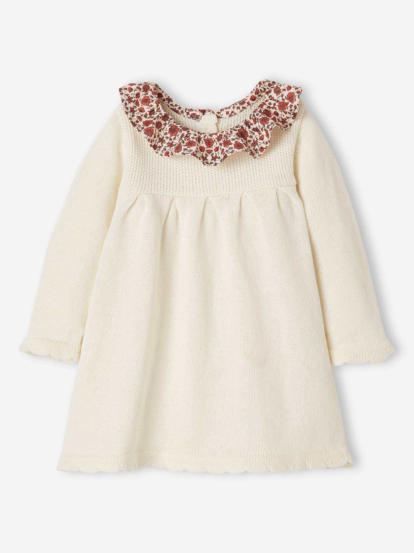 Robe en tricot bébé col en tissu fleuri rouille