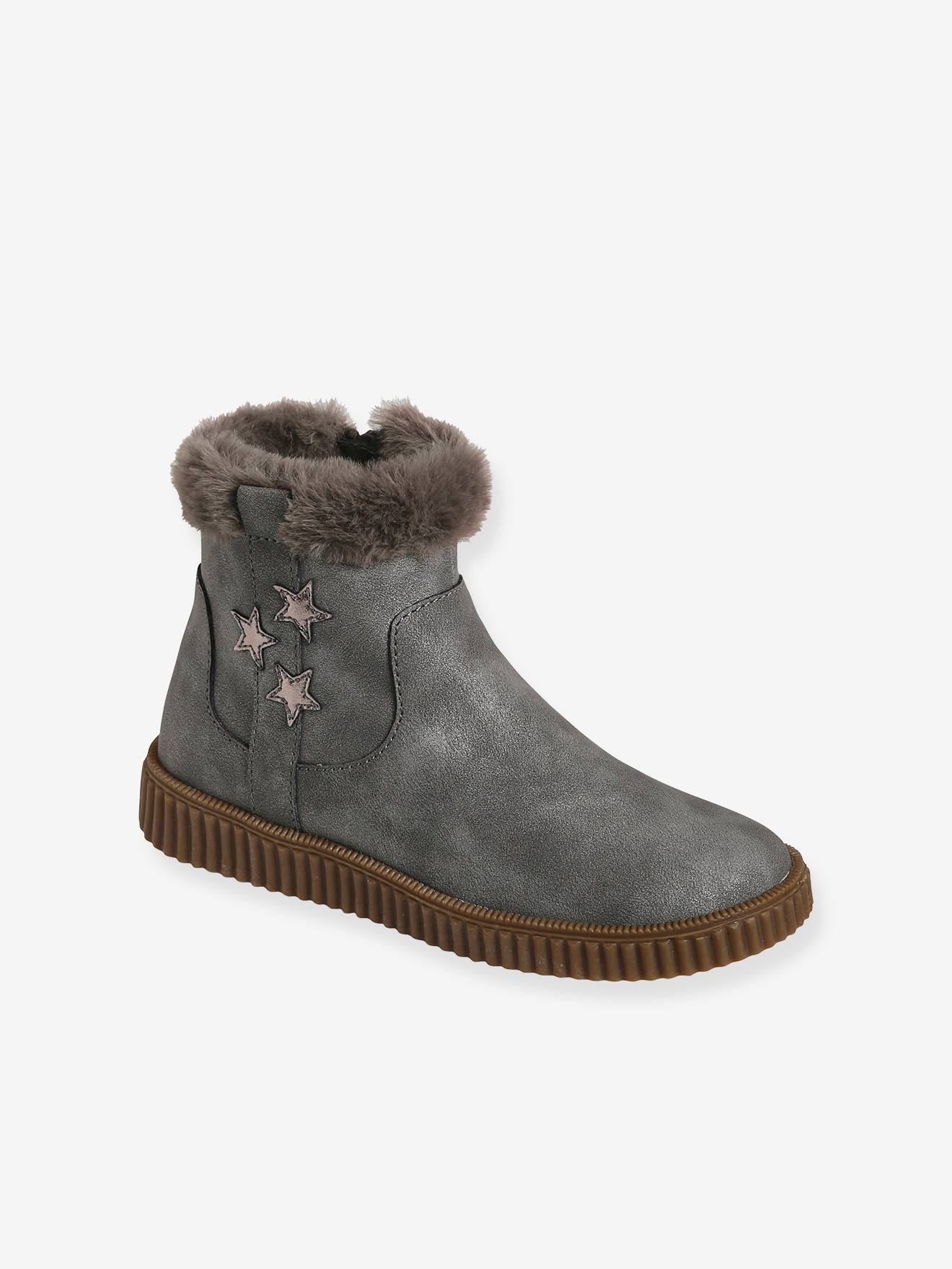 Vertbaudet Mädchen Boots mit Sternen, warmes Webpelz-Futter - hellgrau