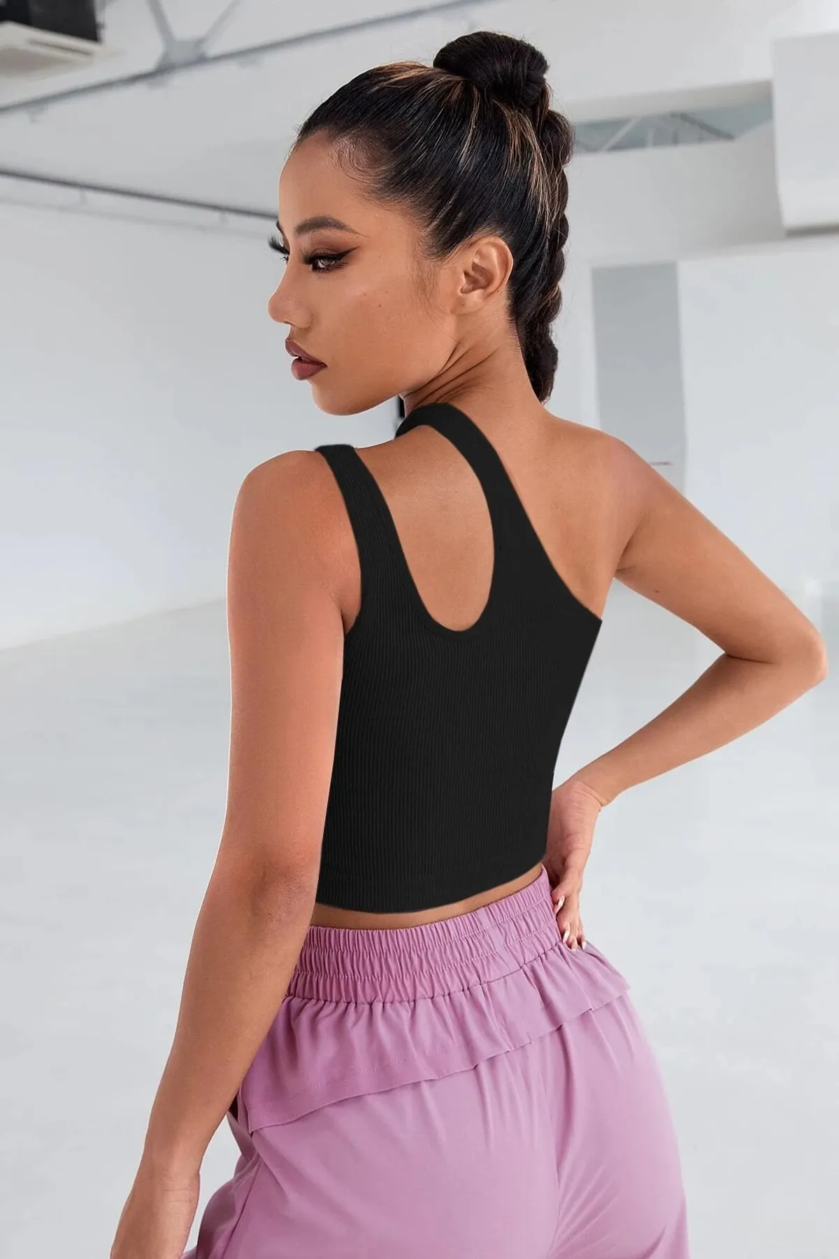 Imoda  Schwarze One-Shoulder-Ausschnitt-Crop-Top-Bluse für Damen