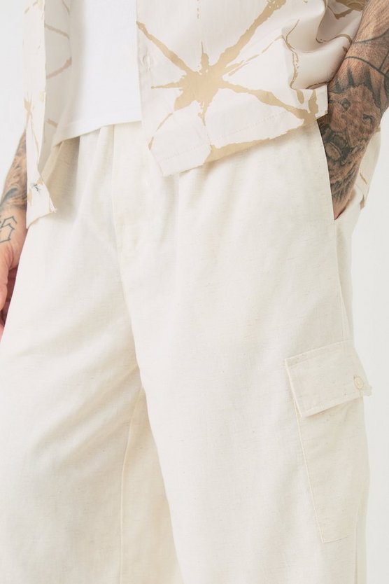 Tall Oversize Leinen-Cargohose mit elastischem Bund