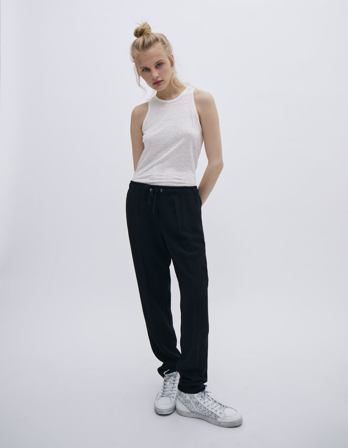 Pantalon droit noir en crêpe avec ceinture élastique pour femme