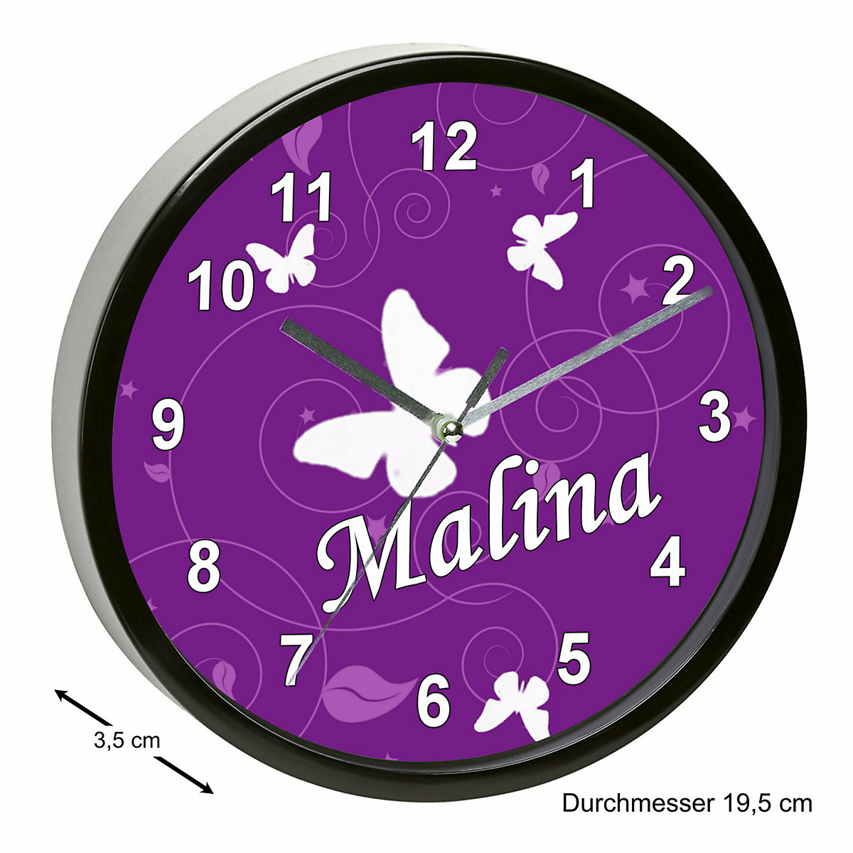 Kinder Wanduhr laufruhig personalisiert mit Name Schmetterling Lila