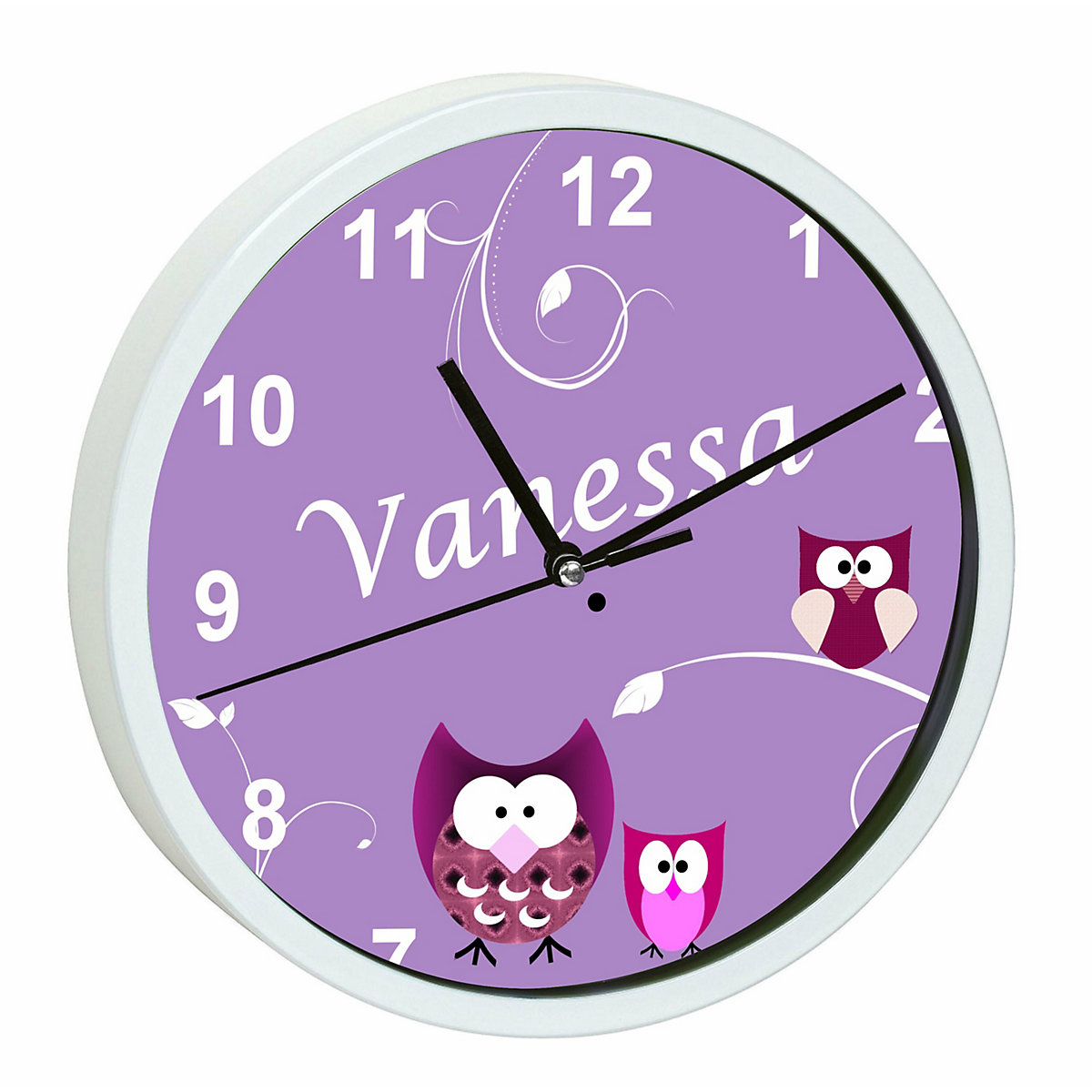 Kinder Wanduhr personalisiert mit Name Eule Lila