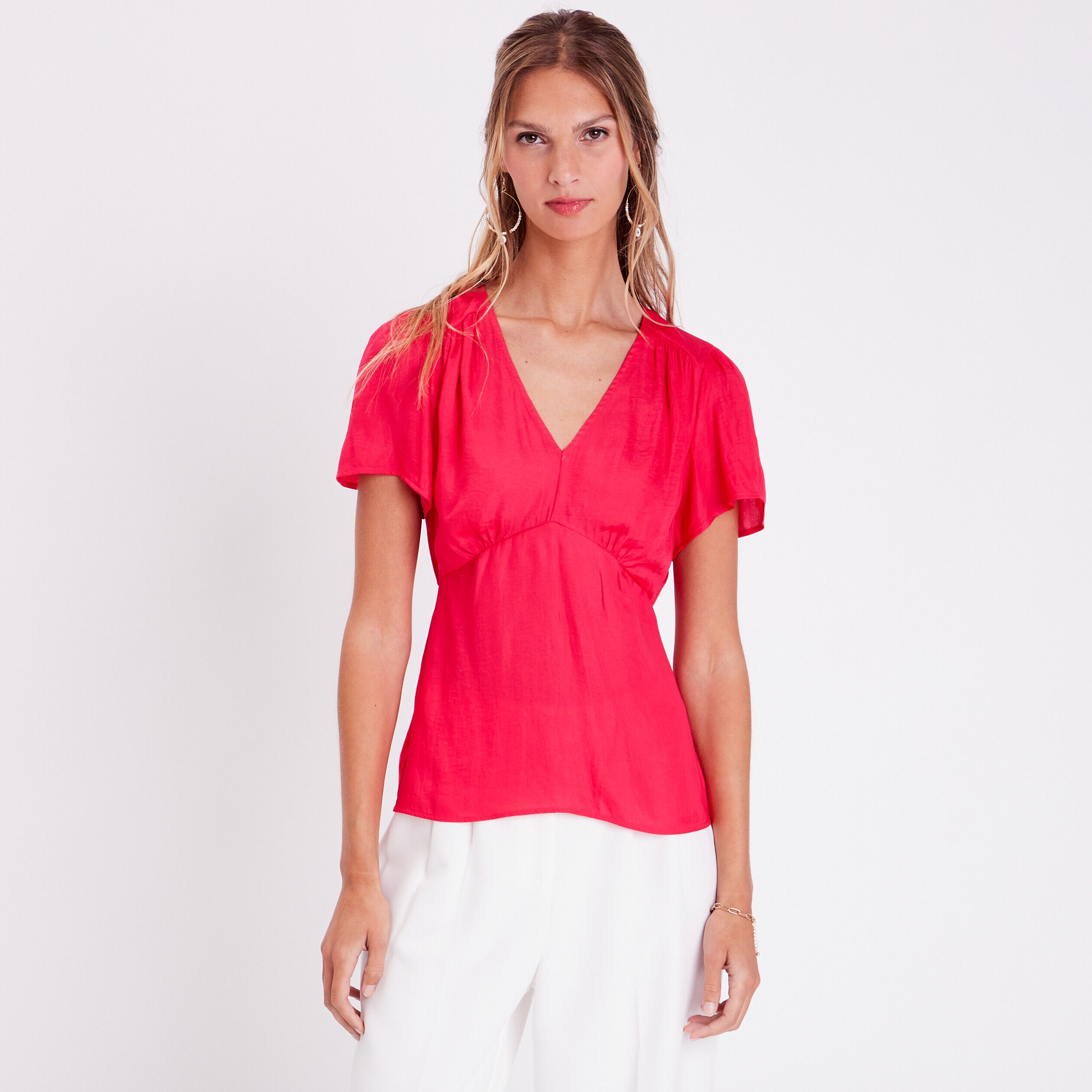 Blouse manches courtes satin rose vif femme | Cache Cache