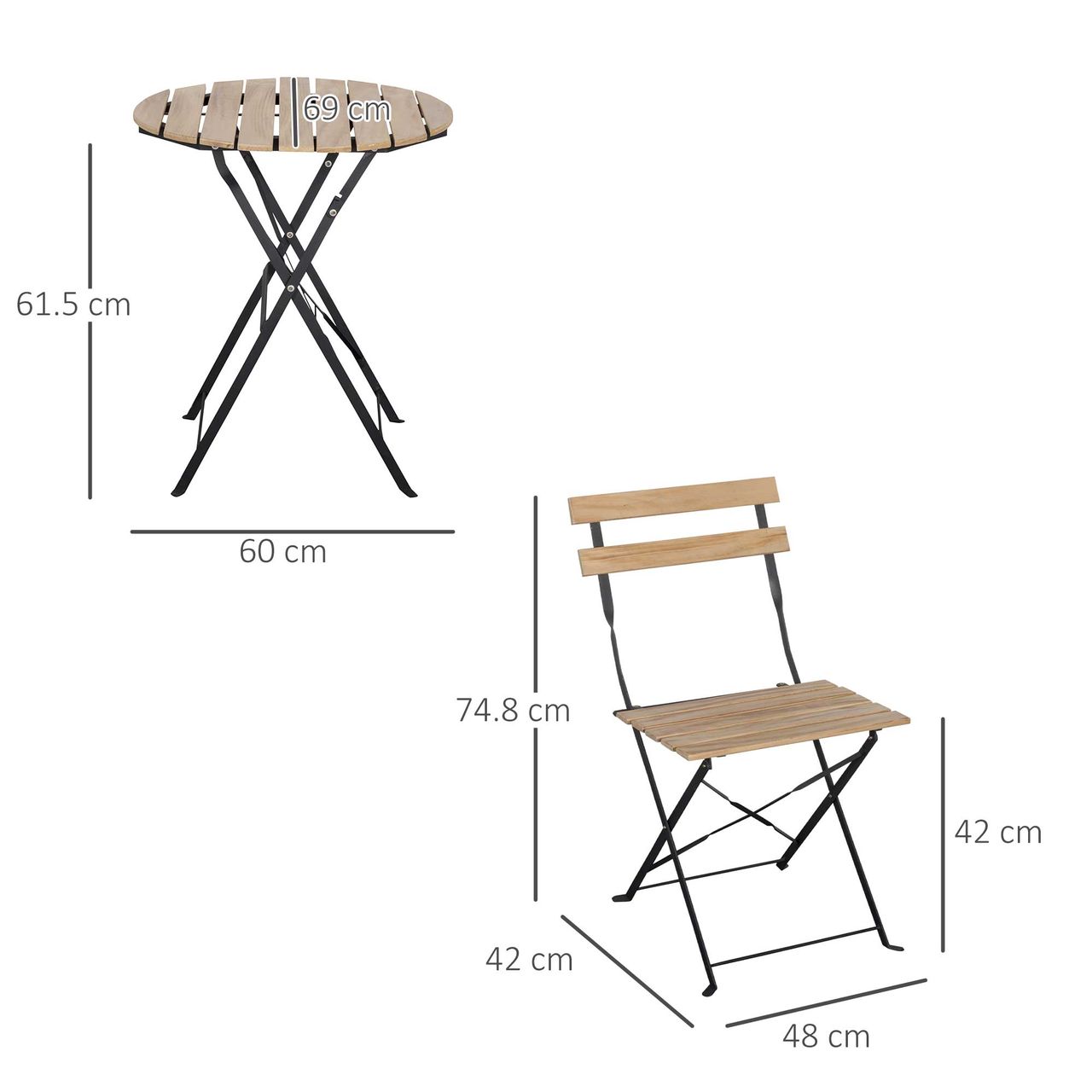 Outsunny Bistroset 3-tlg. Klappbar Gartenset Balkonset Bistrotisch mit 2 Stühlen Gartenmöbel Metall Kiefernholz Natur