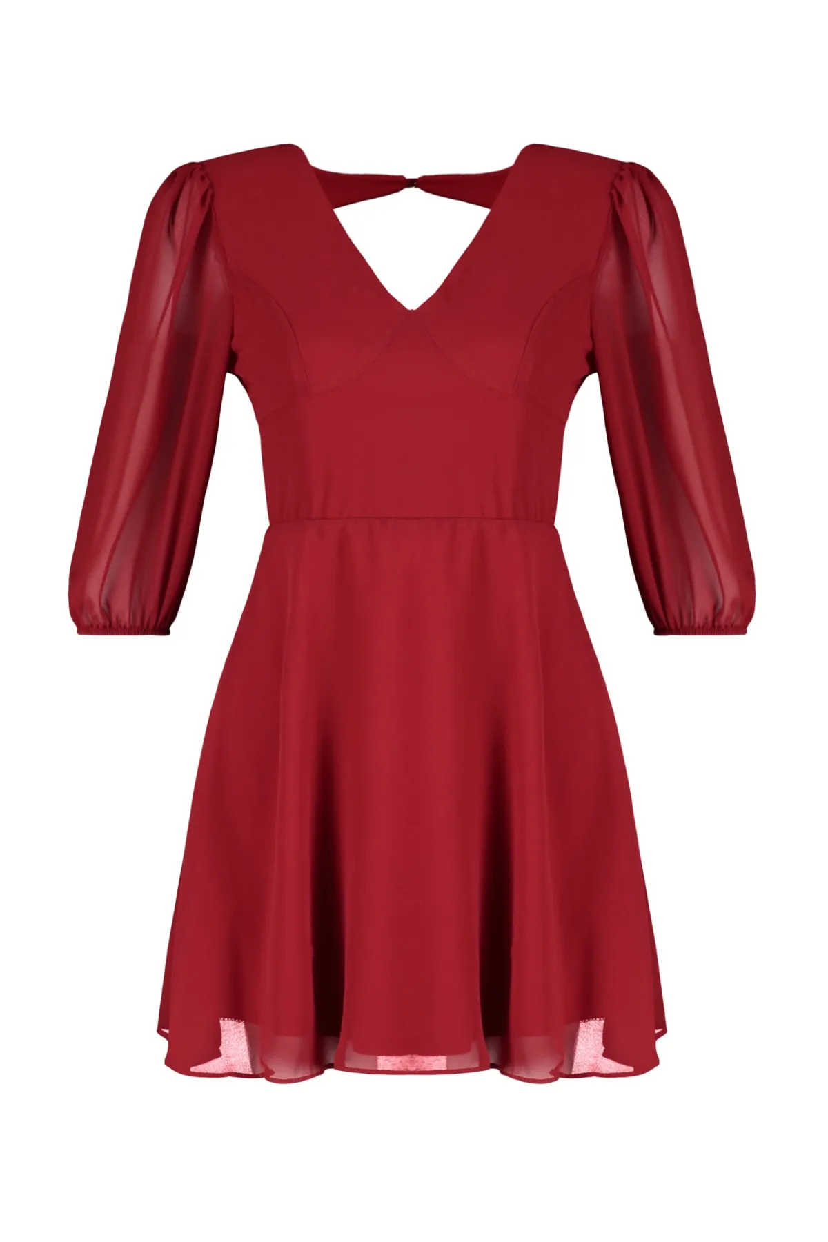 Trendyol Collection  Burgunderrotes gerade geschnittenes Mini-Kleid aus gewebter Baumwolle mit herzförmigem Kragen und gemustertem Webkleid TWOSS23EL00284