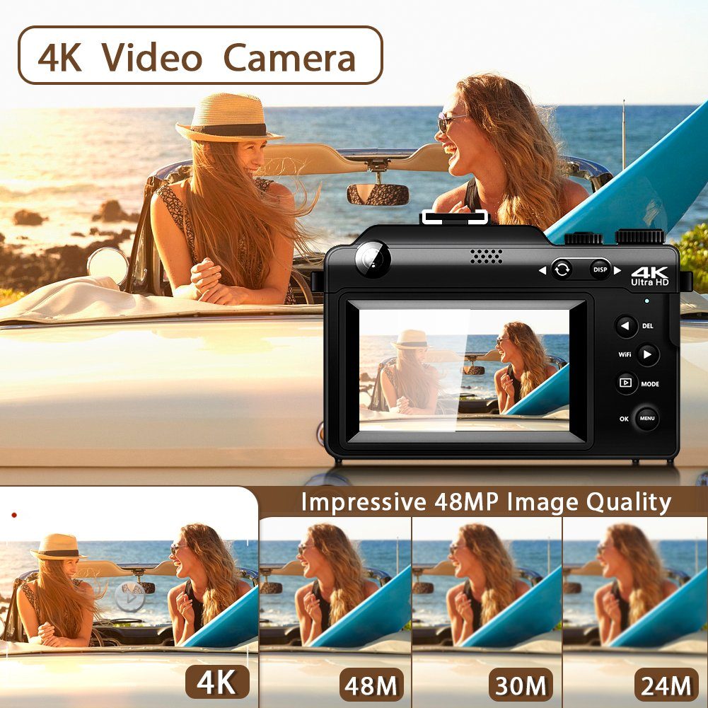 A Ade Digitalkamera 4K HD 1080P Fotokamera Doppelkamera Kompaktkamera (48 MP, WLAN (Wi-Fi), inkl. 8 integrierte Farbfilter, 18X digitaler Zoom, 64 GB TF-Karte)