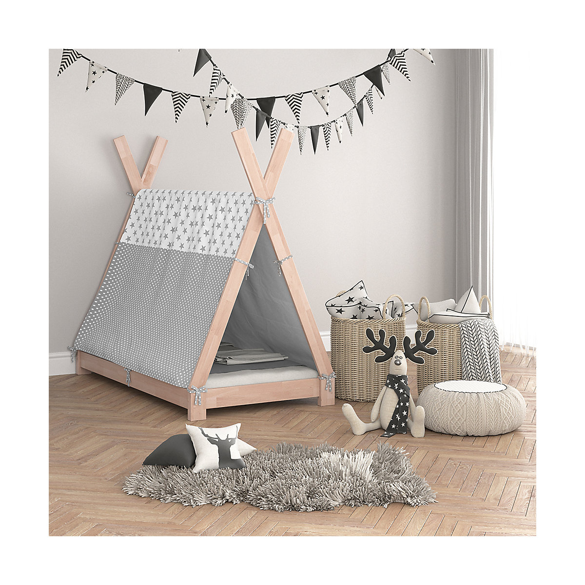 Kinderbett Hausbett Tipi + Überwurf 80x160cm Indianerzelt Indianerbett