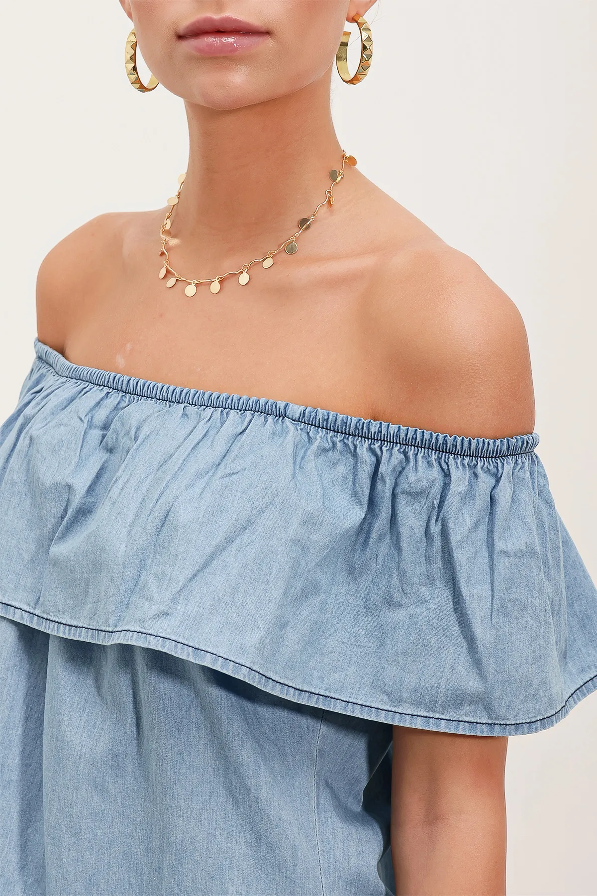 Bigdart  1481 Schulterfreies Jeanskleid – Hellblau