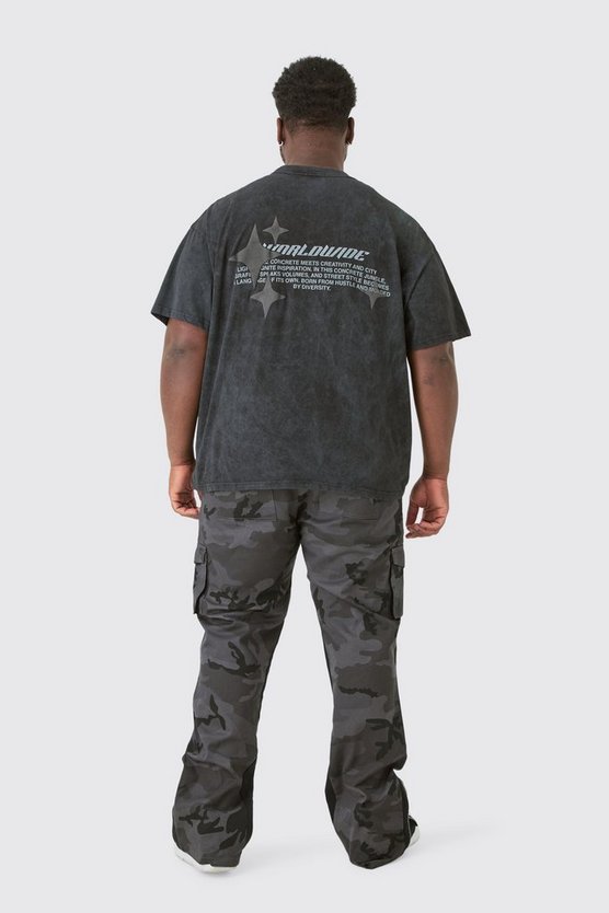 Plus Oversize Worldwide Star Puffärmel T-Shirt mit Acid-Waschung und Grau