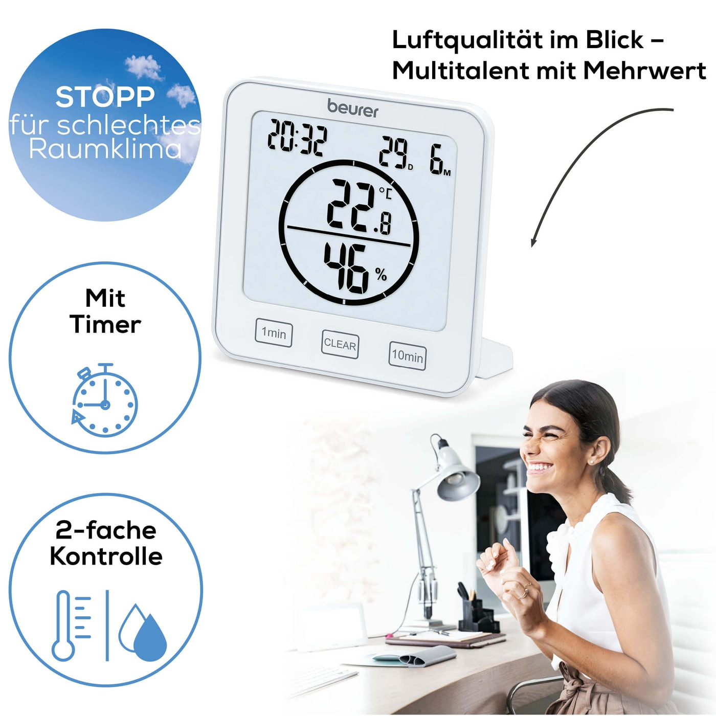 Beurer Thermo-Hygrometer HM 22-Ideal für die Küche, zu Hause und im Büro