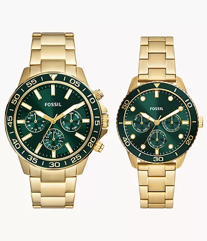 Fossil Outlet Set für Damen und Herren Uhr Multifunktionswerk Edelstahl goldfarben