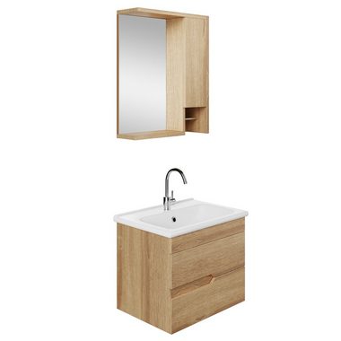 Karen Badezimmer-Set Marmara (Eiche), (Komplett-Set, 3-Teilig (Unterschrank, Spiegelschrank, Waschbecken), Innovatives Design, MDF Lam, Softclose, Funktionalität