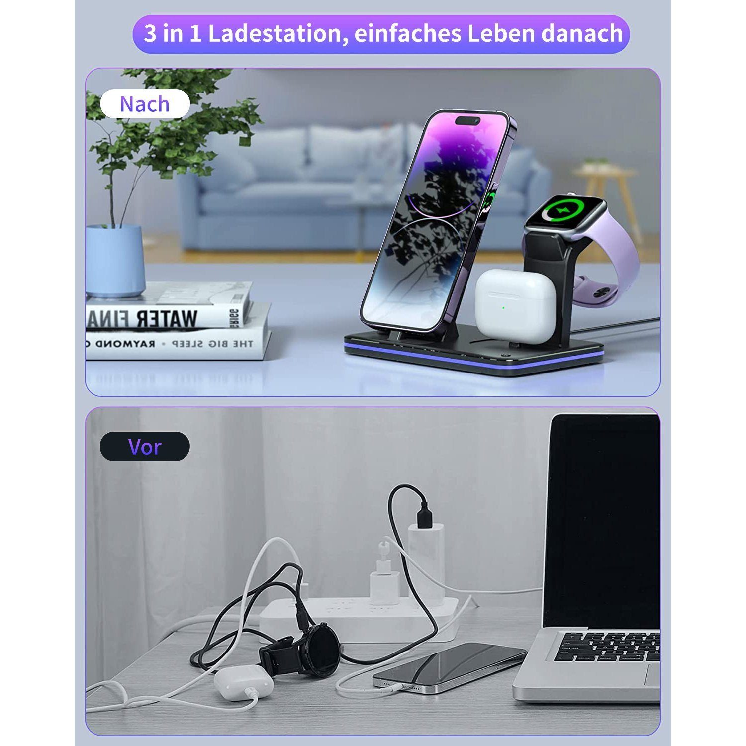 Yaviel Handy-Dockingstation Induktive Ladestation Apple 3 in1 für iPhone iWatch Airpods, (18W Kabellose Ladegerät, Kabellose Charger Lightning Kabel), Wireless Charger für Handy Charging Station