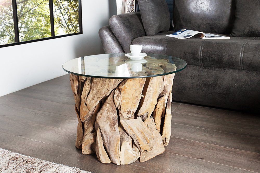 riess-ambiente Couchtisch RIVERSIDE 60cm natur / transparent, Wohnzimmer · Massivholz-Gestell · Glasplatte · rund · Handarbeit