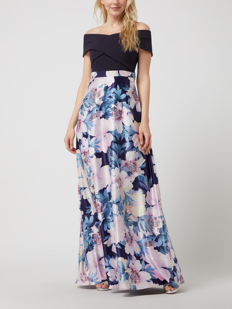 Off-Shoulder-Abendkleid in Wickel-Optik in marineblau meliert