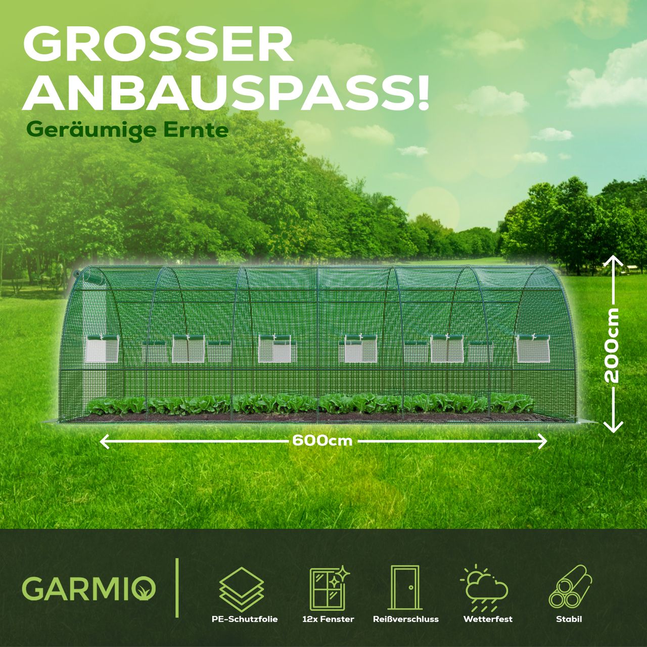 TroniTechnik GARMIO® Foliengewächshaus CARINI, Tomatenzelt, winterfest, 6x3x2m, Frühbeet, Pflanzenhaus
