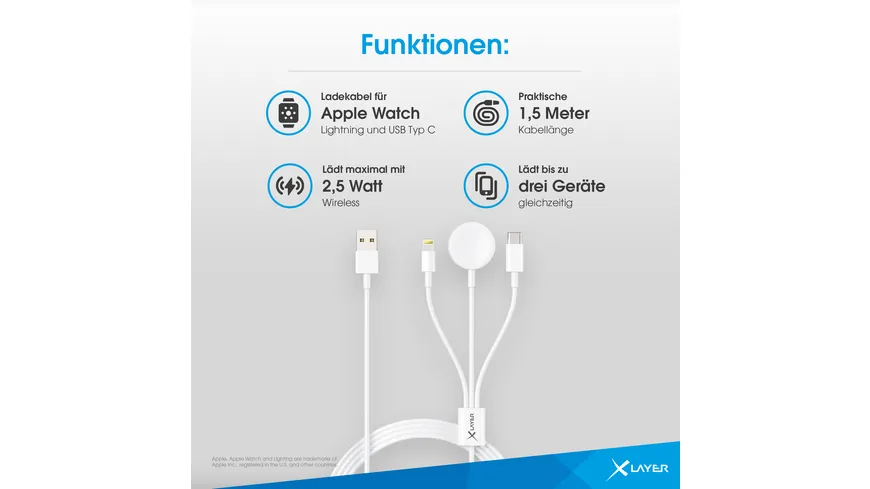 XLayer 3 in 1 Multifunktions-Kabel für Apple Produkte 1.5m Weiß