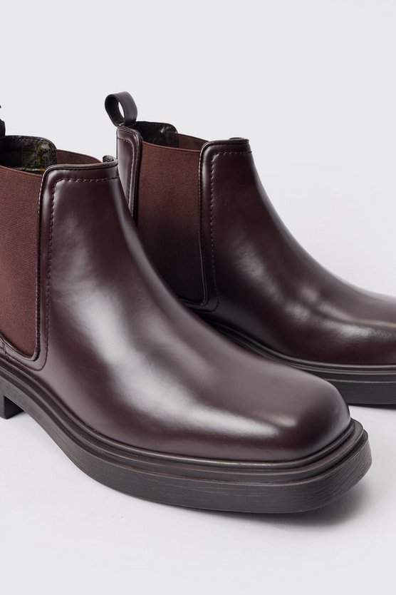 Braune eckige PU Chelsea-Stiefel