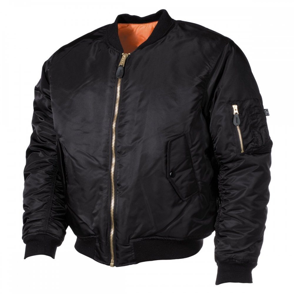 MFH Bomberjacke US Pilotenjacke MA1, Mod., schwarz - L Paspeltaschen mit Patte und Druckknopf