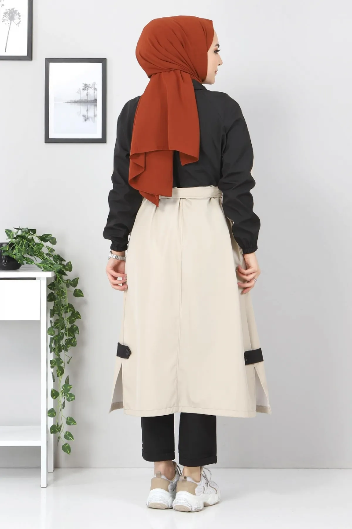 Tesettür Dünyası  Zweifarbiger Trenchcoat Tsd0919 Beige