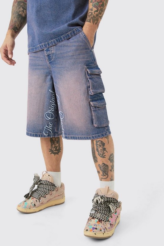 Pinke bestickte Denim Cargo-Jorts
