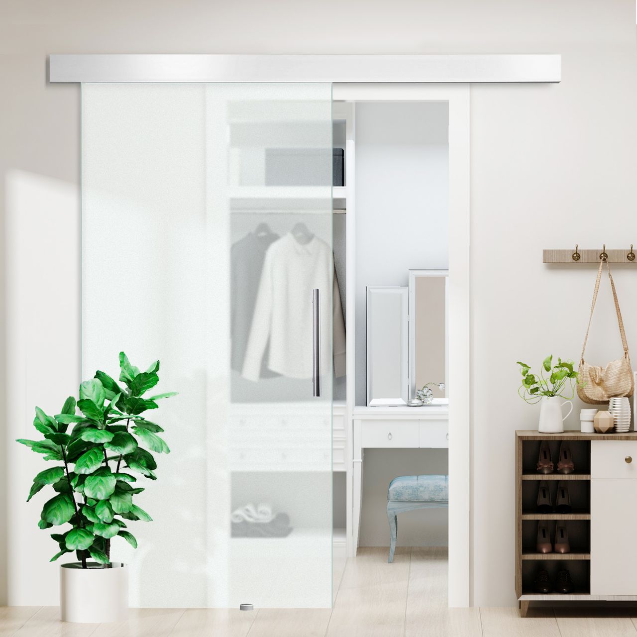 HOMCOM Glasschiebetür Schiebetür Tür Zimmertür mit Griffstange einseitig satiniert 2050x 1025 mm