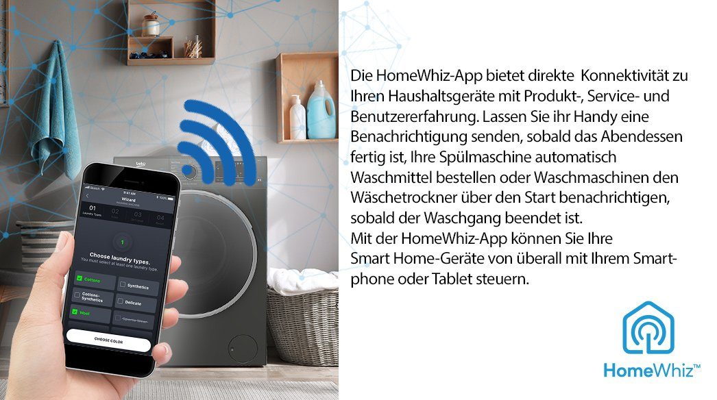 BEKO Waschmaschine B3WFT59415M, 9 kg, 1400 U/min, HomeWhiz, Bluetooth, Dampffunktion, Nachlegefunktion