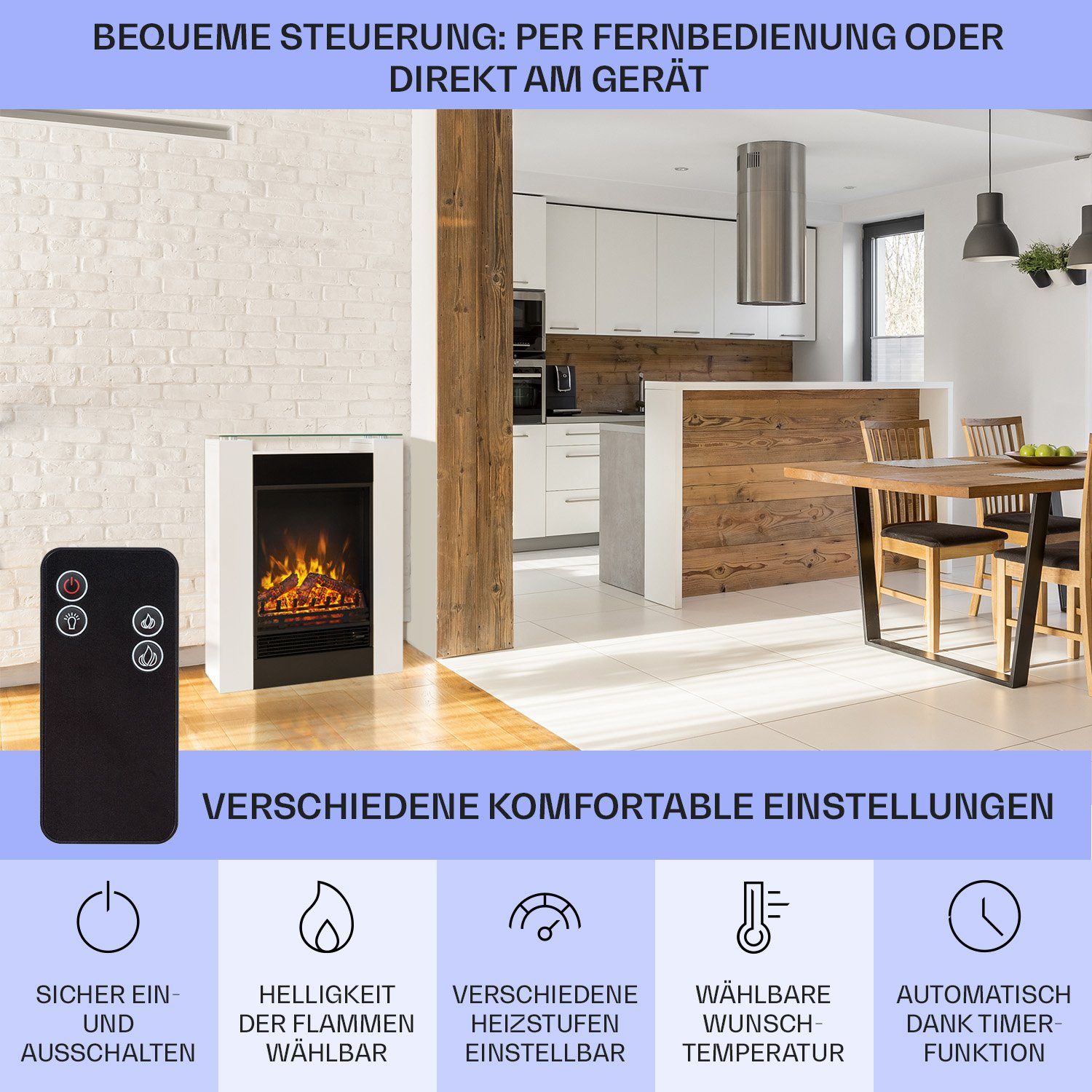 Klarstein Elektrokamin Studio 5, elektrischer Kamin mit Heizfunktion Heizlüfter elektrischer Kaminofen