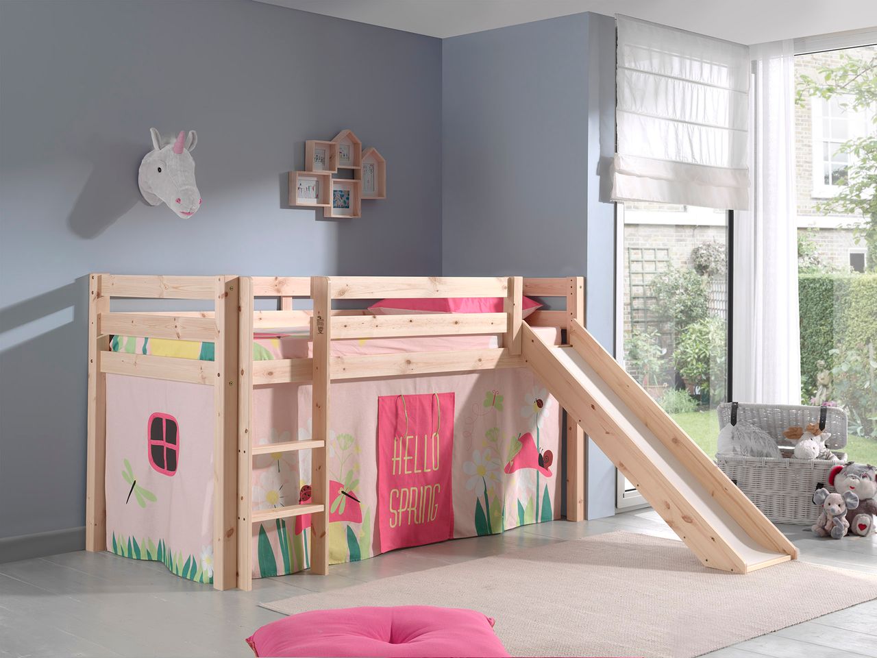VIPACK Spielbett Pino inkl. Rutsche mit Textilset Vorhang 