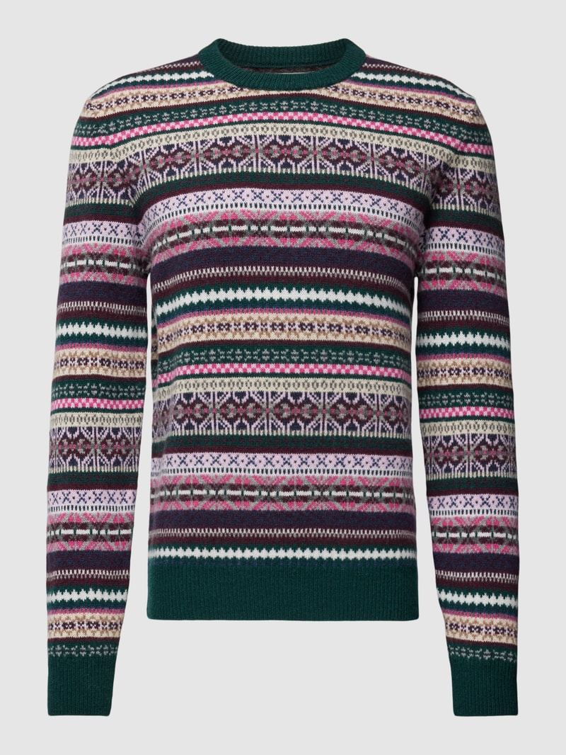 Strickpullover aus Lammwolle mit Allover-Muster in dunkelgrün