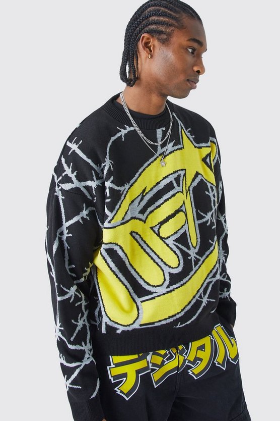 Kastiger Oversize Strickpullover mit Stacheldraht-Print