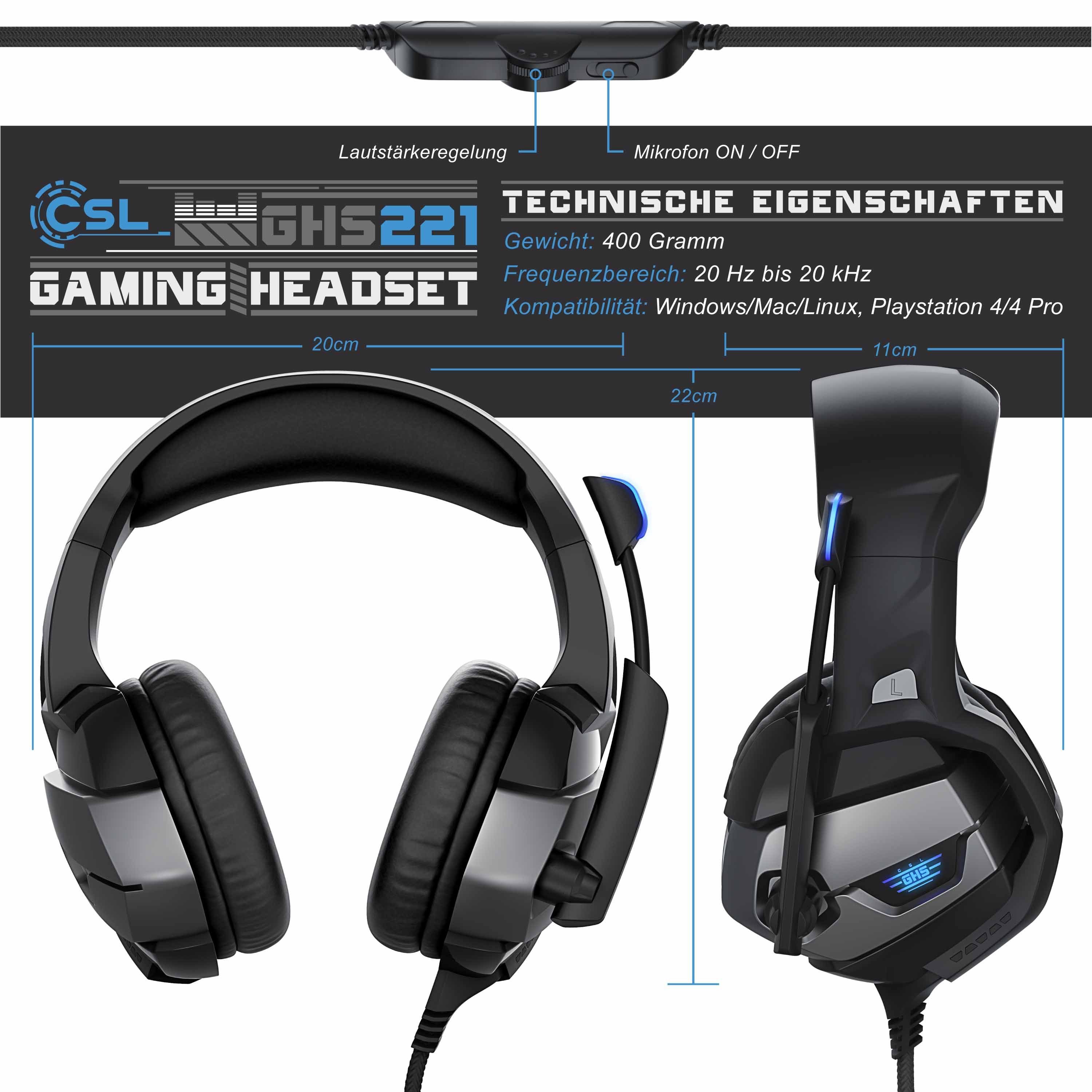 CSL Gaming-Headset (Blaue LED-Beleuchtung; Kopfbügel variabel verstellbar; Bietet kristallklaren Hoch-, Mittel- und Tieftonbereich + dynamische Basswiedergabe, Gaming Headset 
