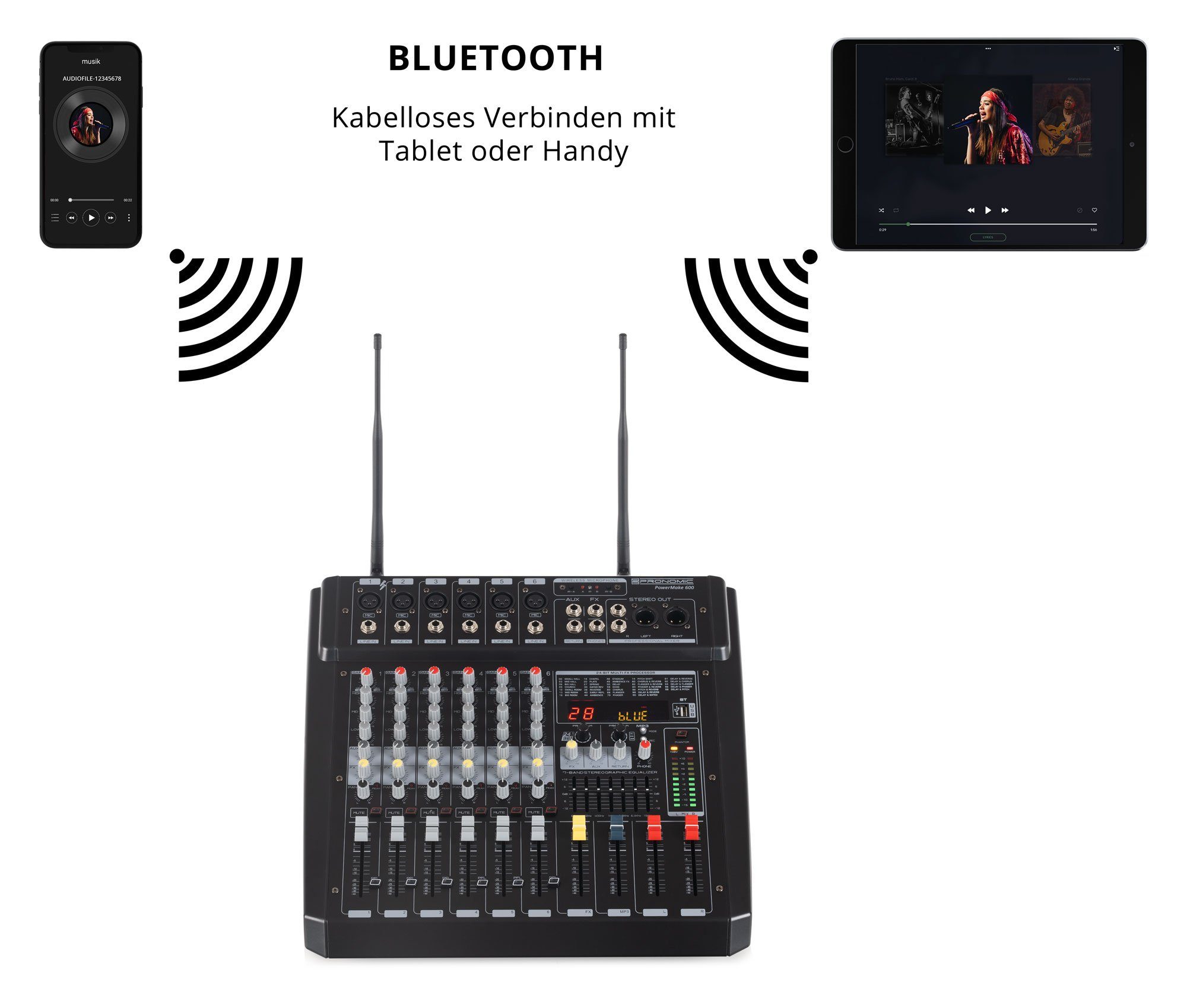 Pronomic Mischpult 6-Kanal-Powermischer 760 Watt RMS-Leistung, (inkl. 2 Funkmikrofone mit integriertem UHF-Empfänger), Bluetooth®/USB-Player/Recorder - Grafischer Equalizer