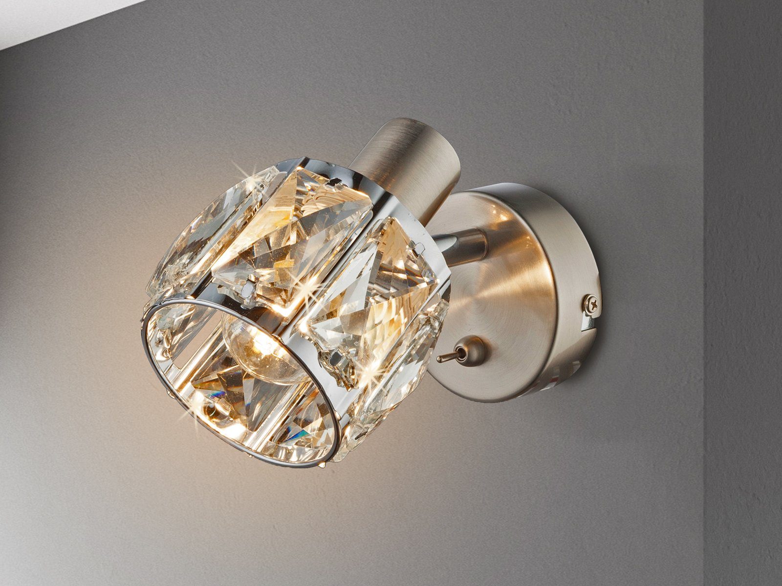 meineWunschleuchte LED Wandstrahler, Dimmfunktion, LED wechselbar, warmweiß, kleine Designer Bett Kristall Wandlampe innen mit Schalter, H: 12,5cm