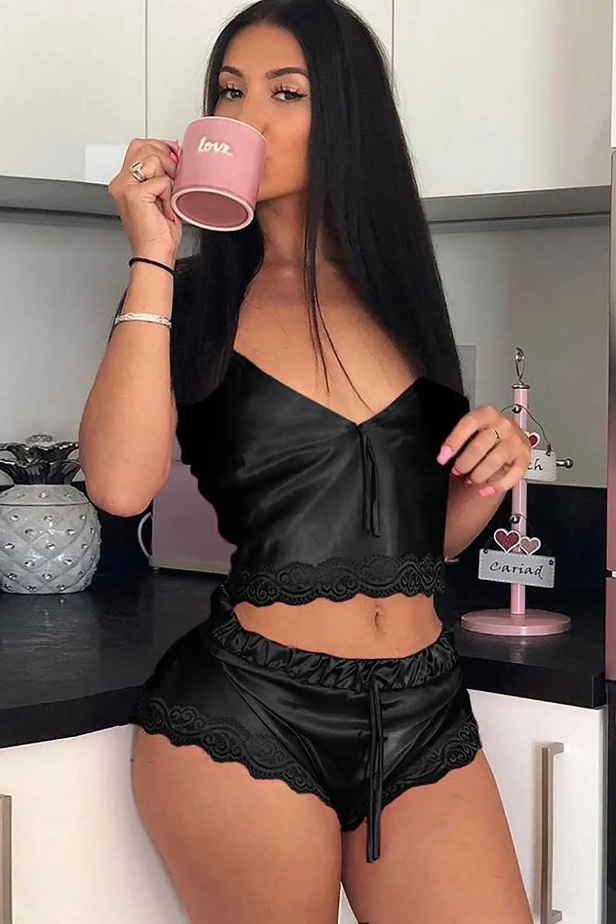 Merry See  Satin-Spitzen-Shorts-Set
