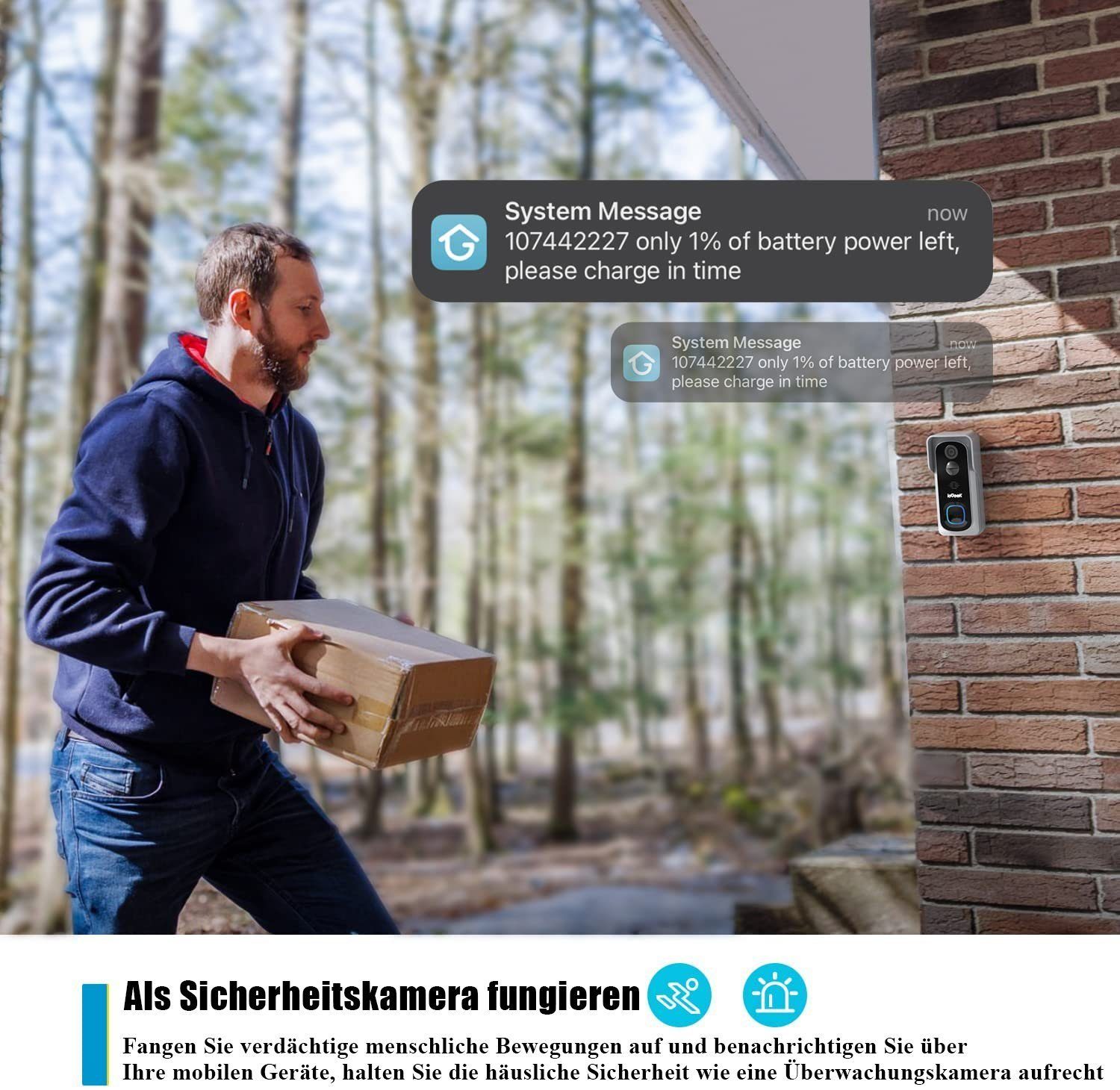 ieGeek Türklingel 2K Video-Türklingel mit Chime,Kabellos Smart Home klingel & SD-Karte (2,4-GHz-WLAN Intelligente Türklingelkamera mit PIR Bewegungserkennung, 2-Wege-Audio,24/7-Daueraufzeichnung,Echtzeit-Benachrichtigung), Menschliche Erkennung,Cloud