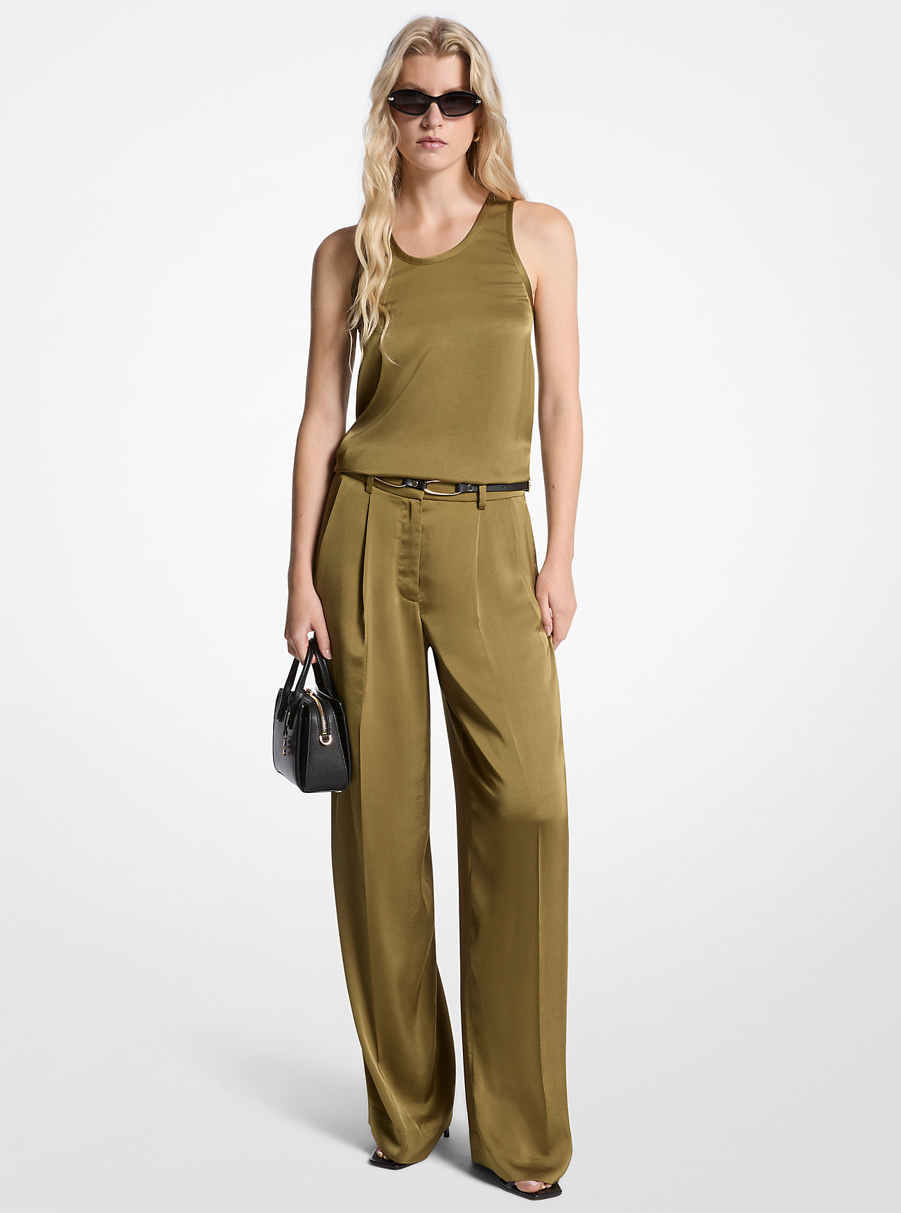 BTTN Mensy Blazer, Satin Tank Top, Satin Wide Leg Pant, Bryant SM Conv Xbody, Irene Flat Thong Sandal, Monte Carlo Sunglasses - CHESTNUT