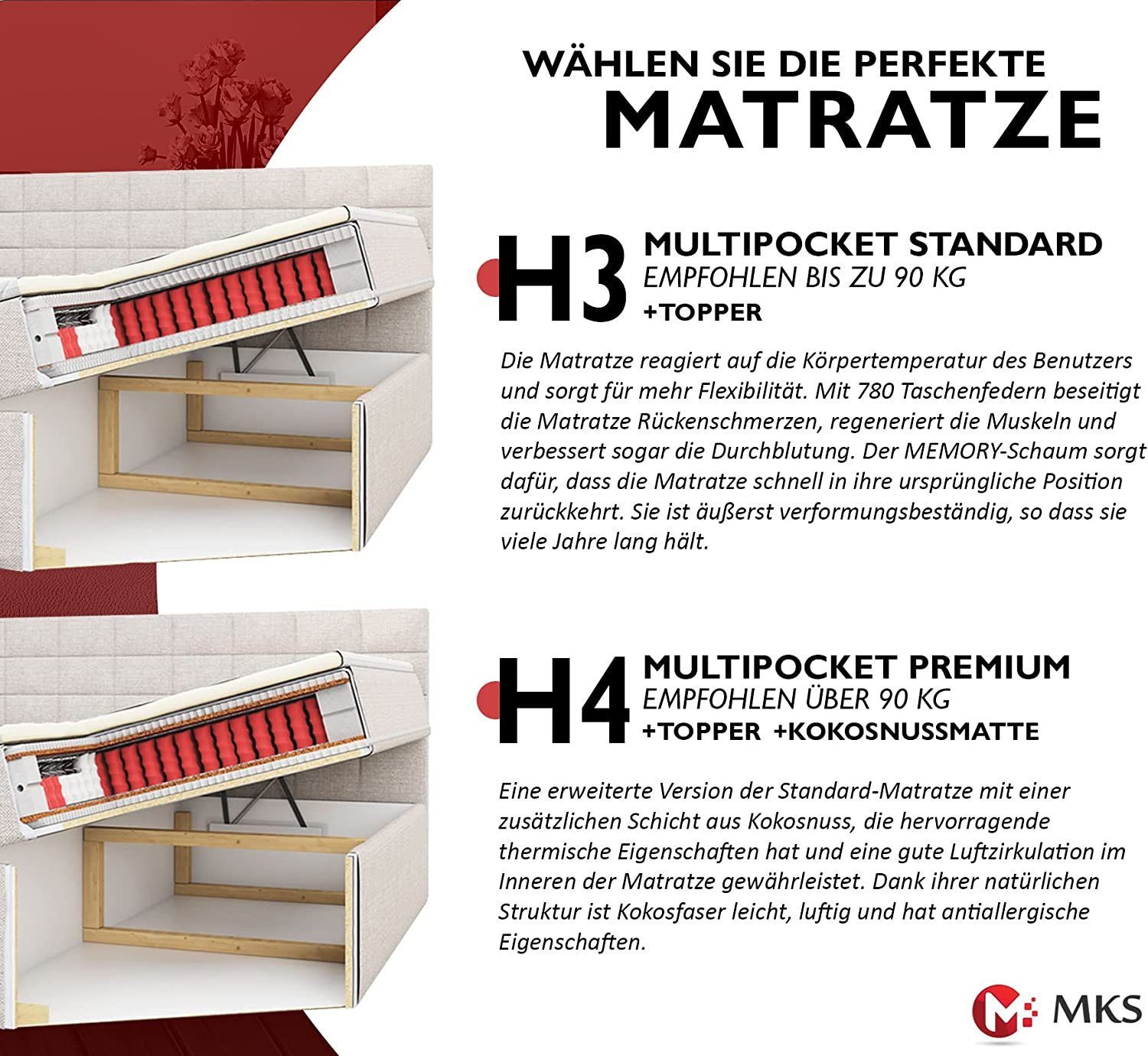 MKS MÖBEL Boxspringbett STELLE 6, Doppelbett, Multipocket-Matratze