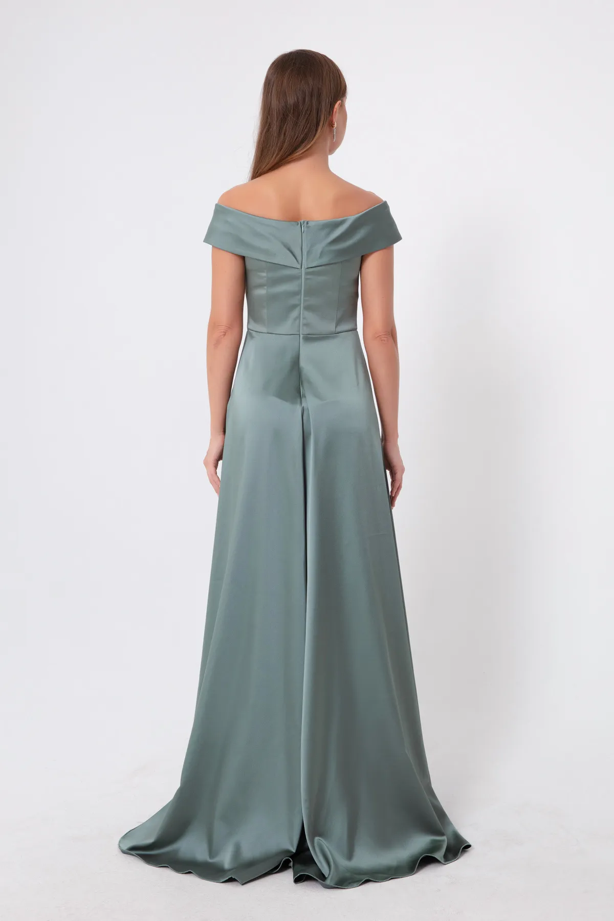 Lafaba  Türkisfarbenes Abendkleid und Abschlusskleid aus Satin für Damen mit U-Boot-Ausschnitt