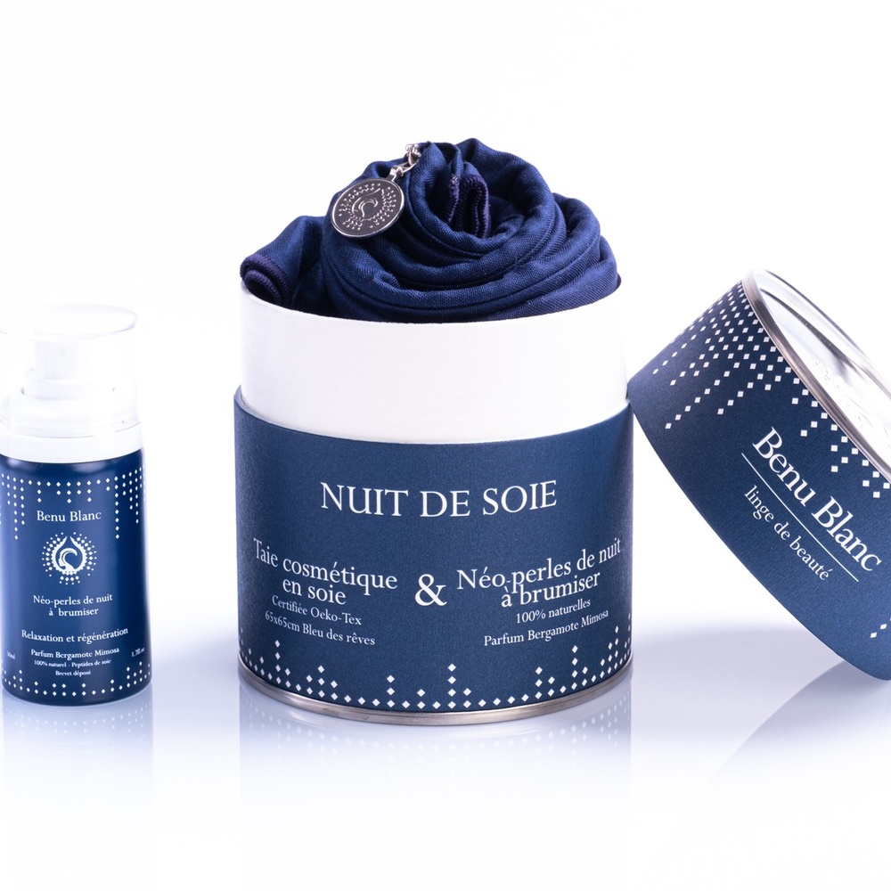 benu blanc Nuit de Soie, le rituel beauté et bien-être de la nuit Taie d'oreiller 100% pure soie et brumede soins  naturelle
