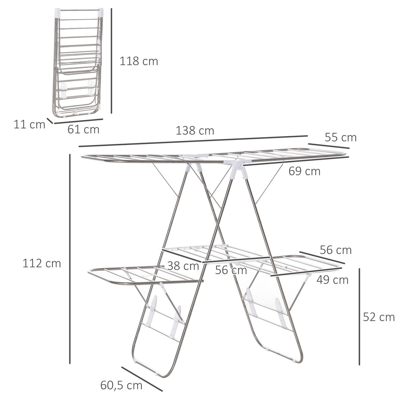 HOMCOM Wäscheständer faltbar 3-stufiger Flügelwäschetrockner Trockengestell Trockenständer Edelstahl Kunststoff Silber Weiß 138 x 60,5 x 112 cm