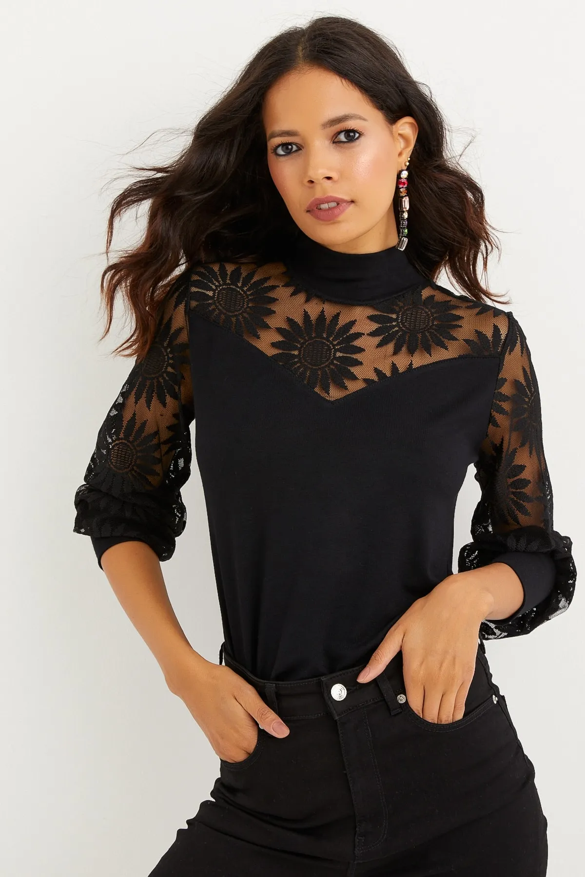 Cool & Sexy  Schwarze Spitzenbluse mit halbem Rollkragen für Damen BK1272